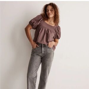 Madewell Floral Jacquard Bubble-Sleeve Top Fig Purple Womens Large Top